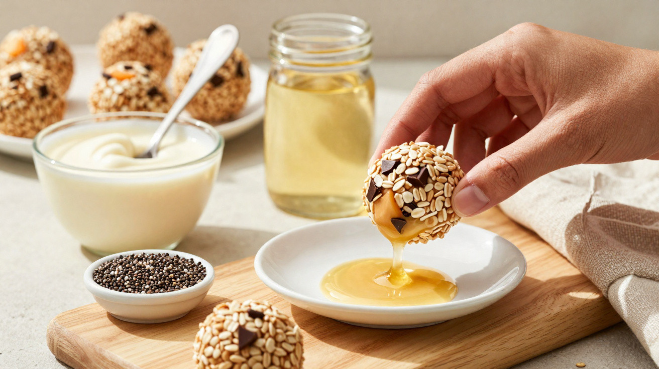 Hand taucht Sesam-Schoko-Energiekugel in Honig ein, umgeben von Joghurt, Chiasamen und mehr Kugeln auf Tisch.