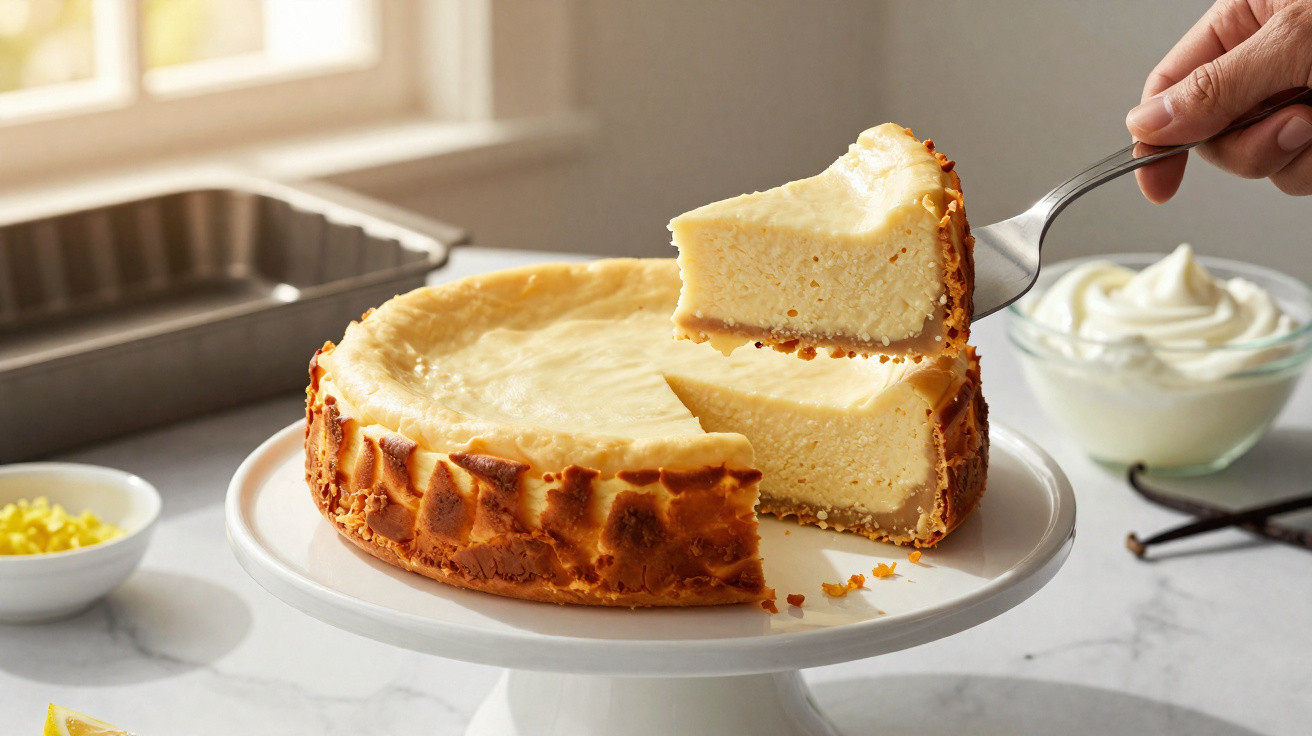 Stück cremiger Käsekuchen wird mit Gabel von Tortenplatte gehoben, Schale mit Creme im Hintergrund.