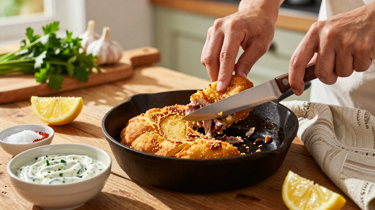 Hände schneiden gebackene Camembert-Ravioli in Pfanne, Zitronenscheiben, Kräuterdip und frische Petersilie am Tisch.