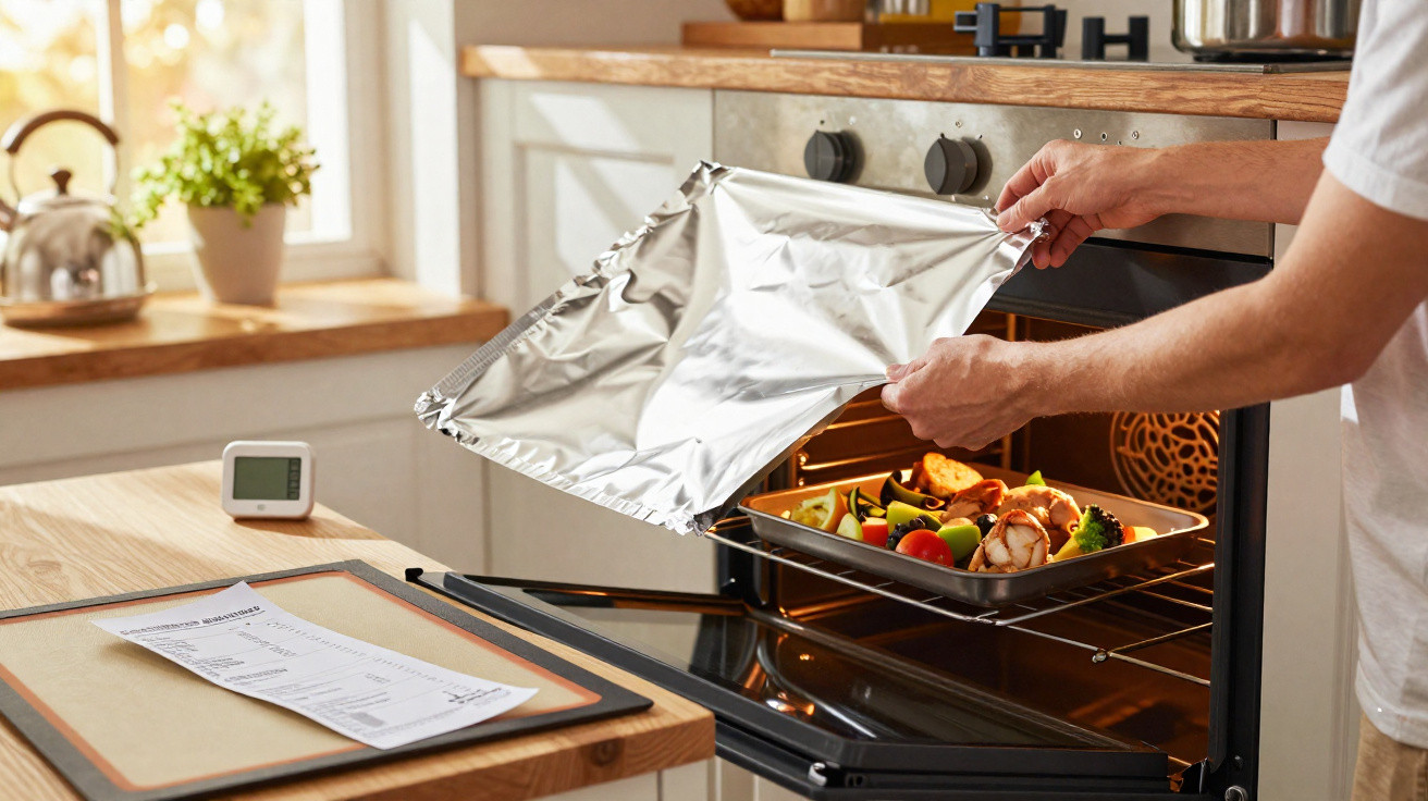 Person schiebt mit Aluminiumfolie abgedecktes Gemüseblech in einen Backofen in moderner Küche.