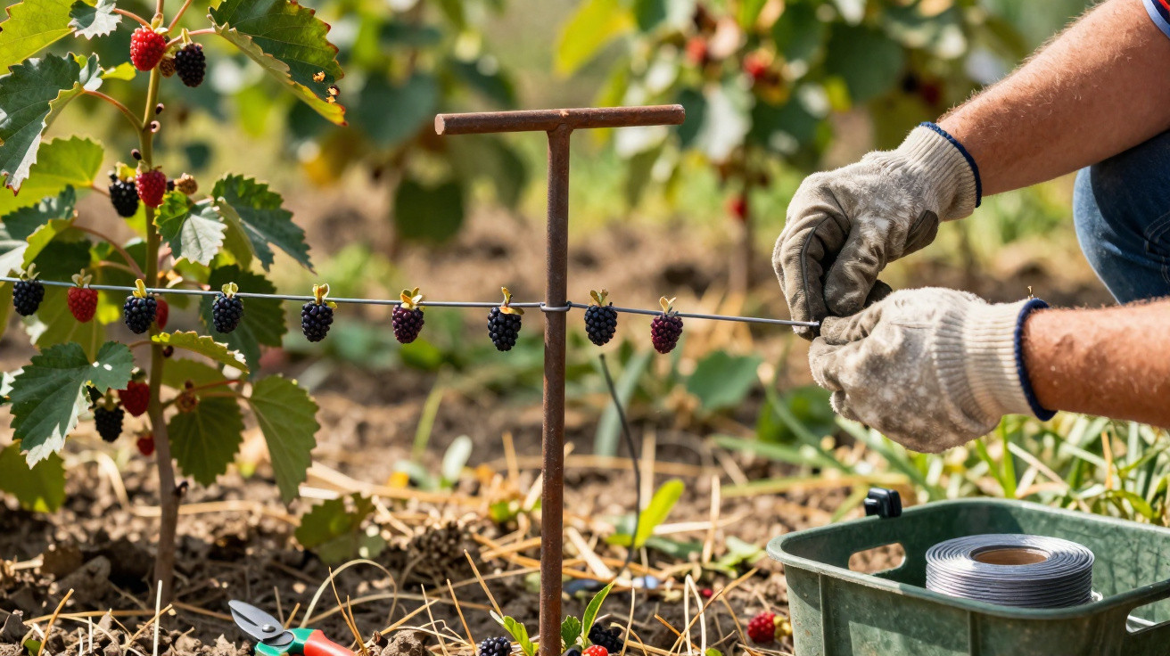 Person befestigt mit Handschuhen Brombeeren an Draht in einem Garten mit Pflanze und Gartenschere im Boden.
