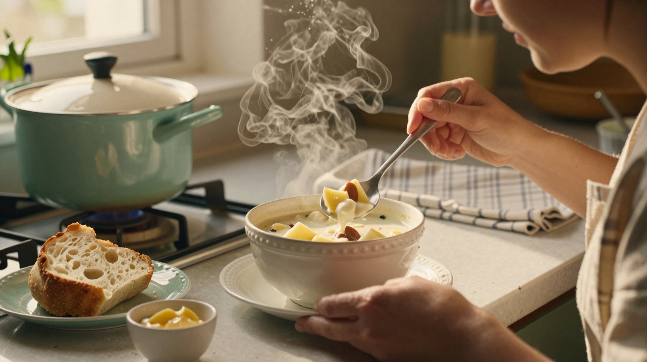 Dampfende Kartoffelsuppe in Schüssel, Hand mit Löffel, frisches Brot und Topf auf Herd in Küche.