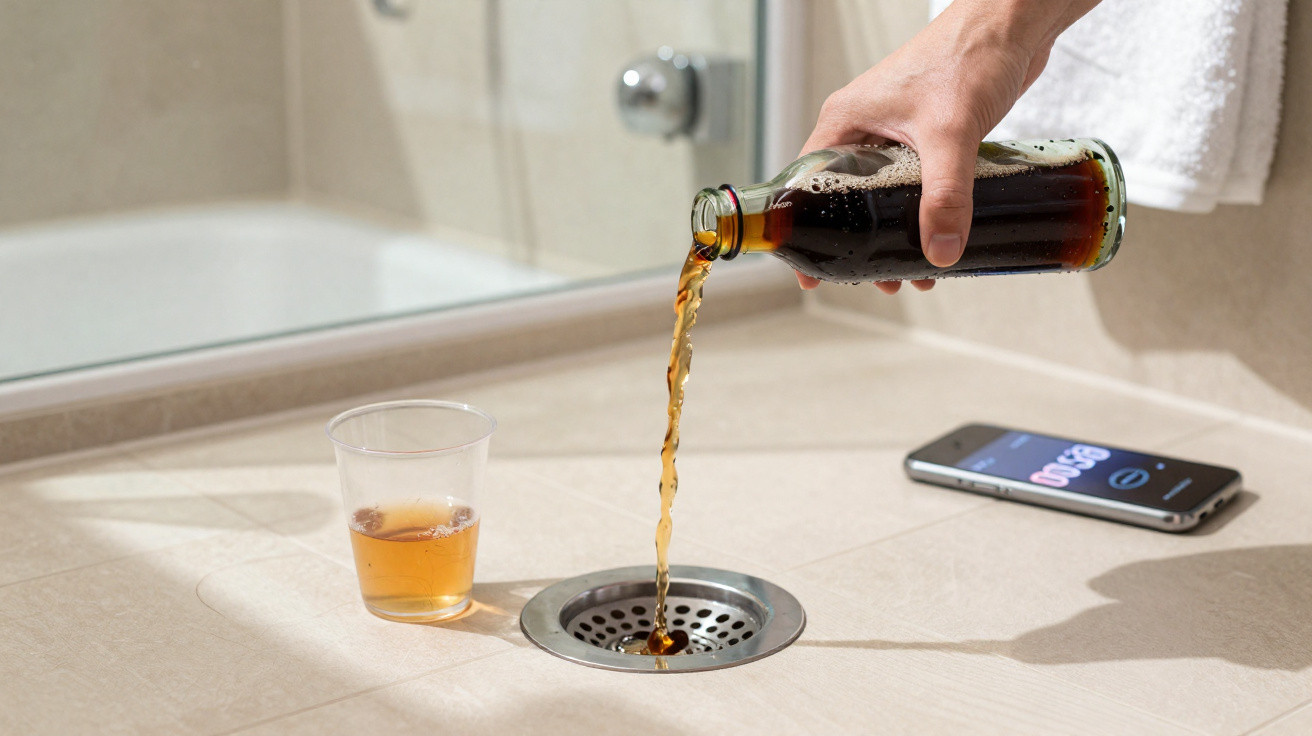 Hand schüttet Cola-Flasche in Badezimmerablauf, Plastikbecher mit Getränk und Smartphone mit Timer im Hintergrund.