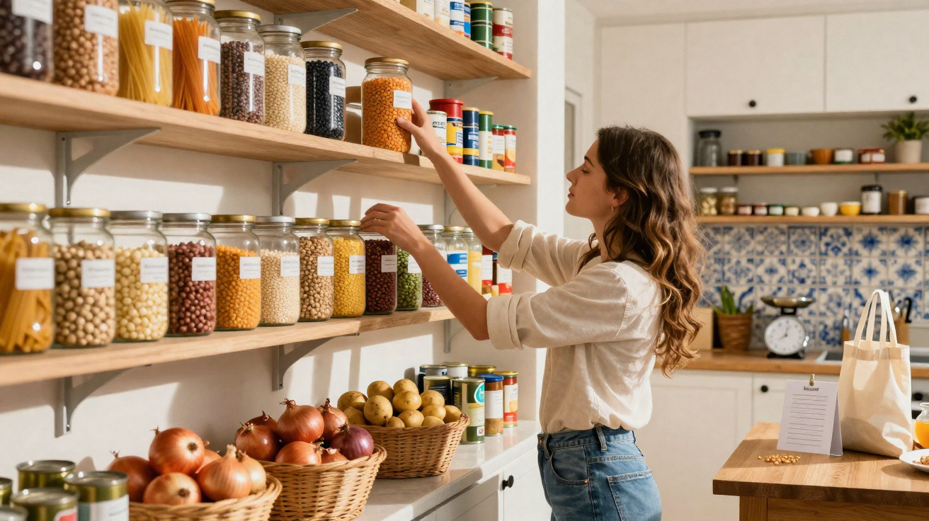 Frau ordnet Vorratsgläser mit Hülsenfrüchten und Pasta in einer gut organisierten Küche in Gläserregalen.