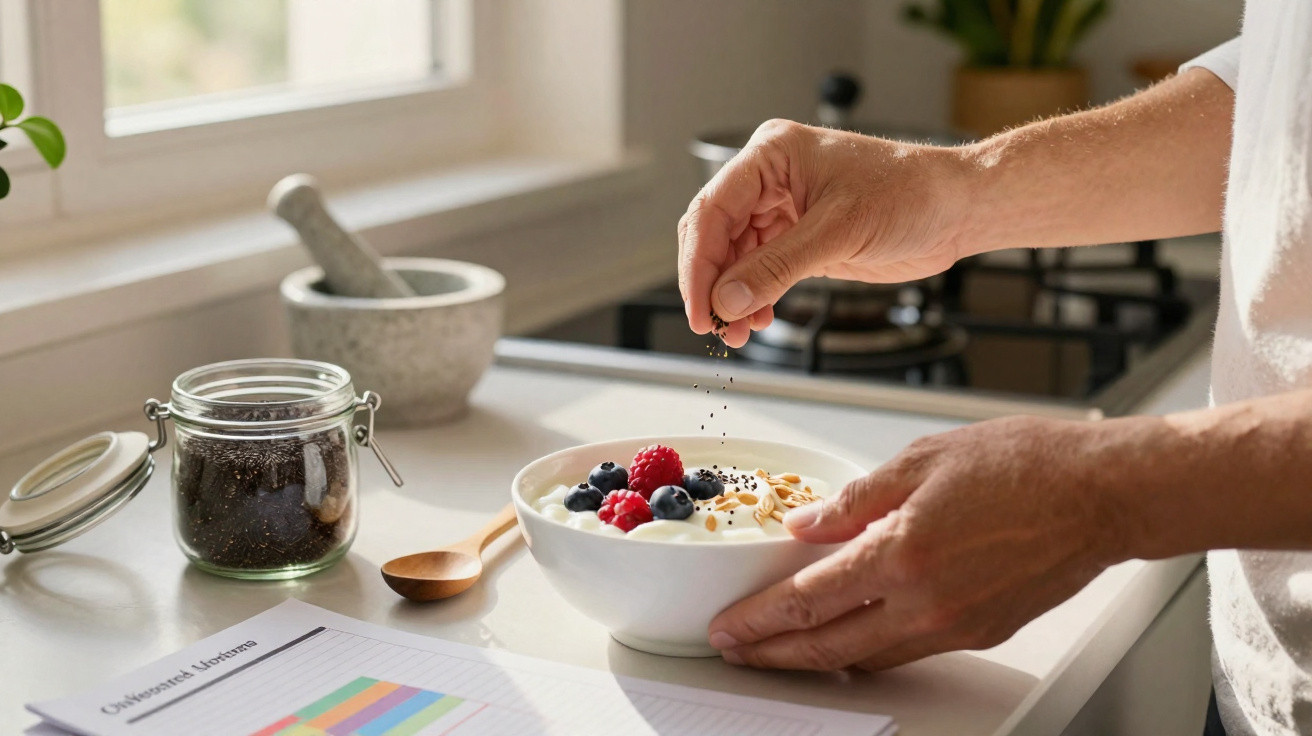 Person streut Chiasamen über Joghurt mit Beeren und Nüssen in heller Küche am Fenster