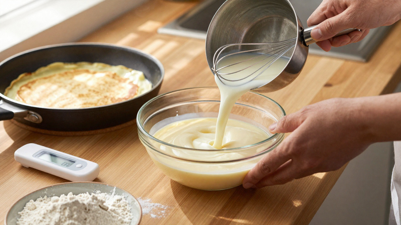 Person gießt Milch in eine Schüssel mit Teig, Bratpfanne mit Pfannkuchen und Schüssel mit Mehl auf Holzarbeitsplatte.