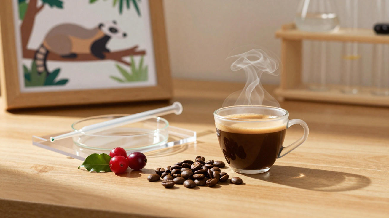 Dampfender Espresso in Glas, Kaffeebohnen und Kaffeekirschen auf hellem Holztisch mit Bild im Hintergrund