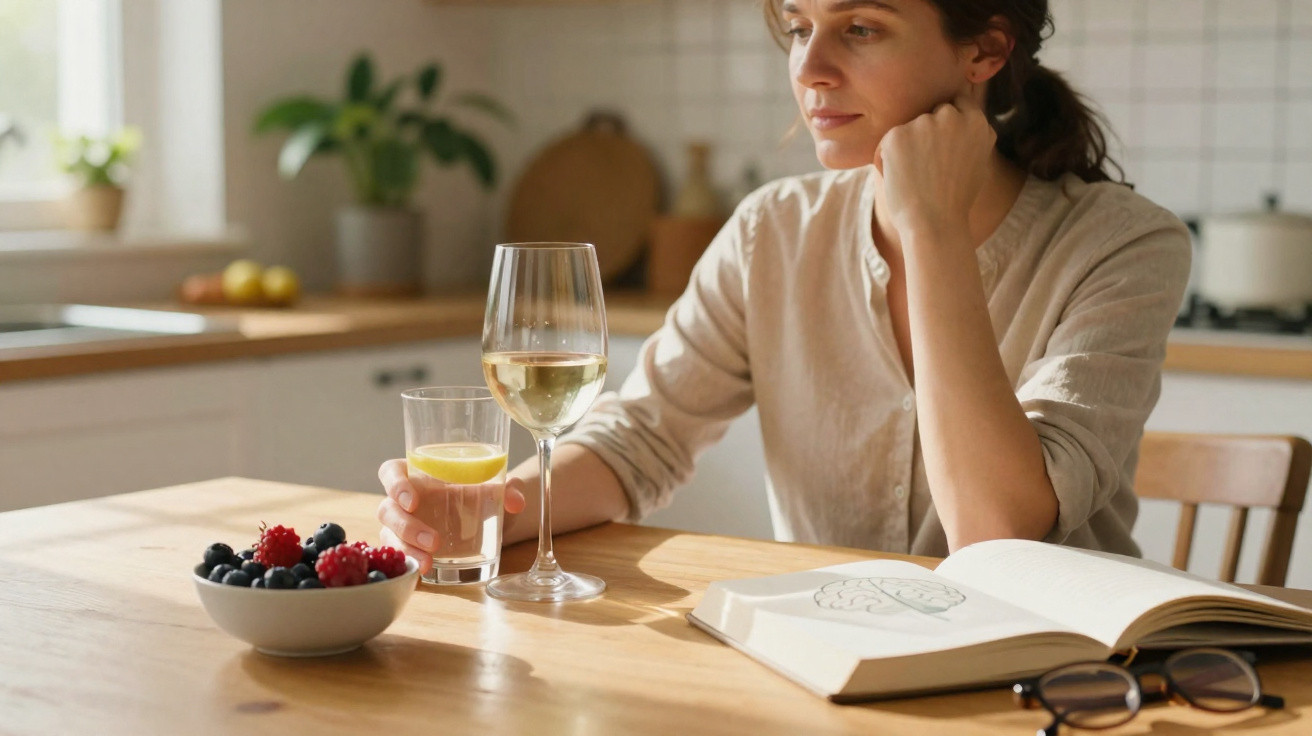 Frau sitzt am Küchentisch mit Buch, hält Glas Wasser mit Zitrone, daneben Glas Weißwein und Schale Beeren.