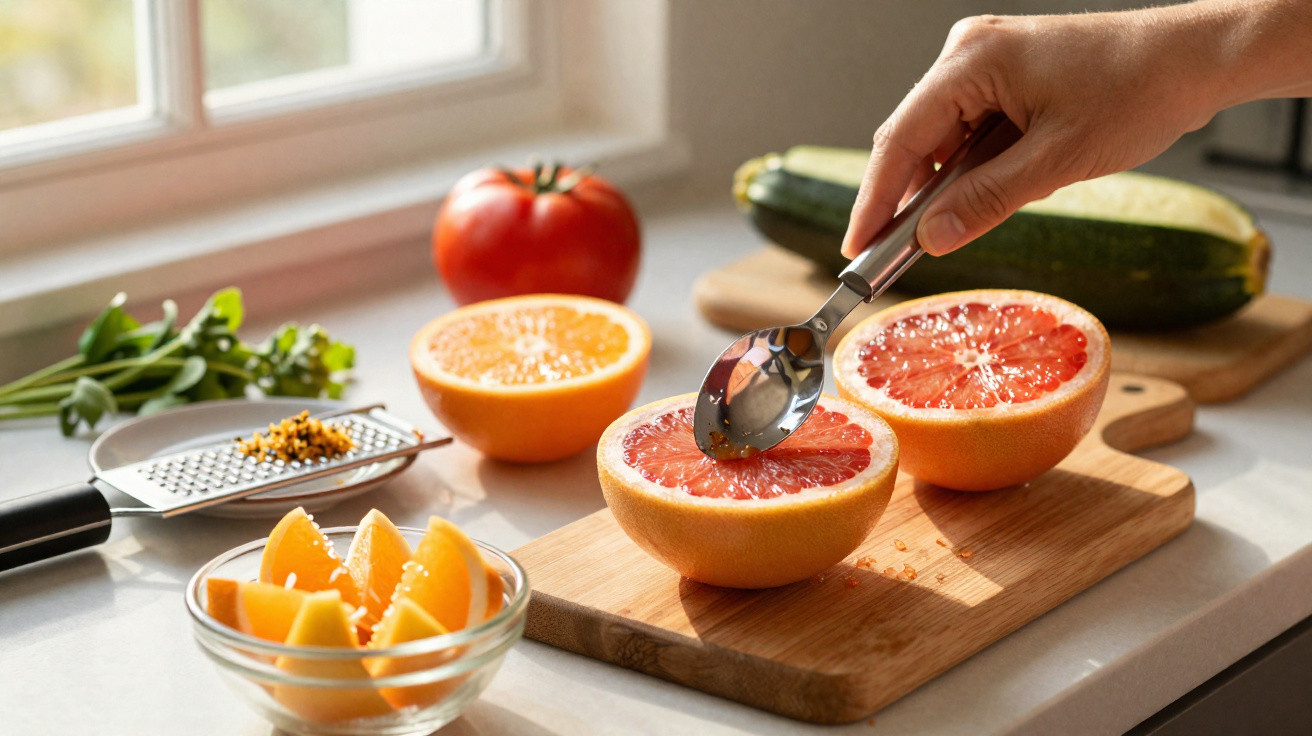 Hand schöpft mit Löffel Fruchtfleisch aus halbierter Grapefruit, daneben Gemüse und Gewürze in Küche.