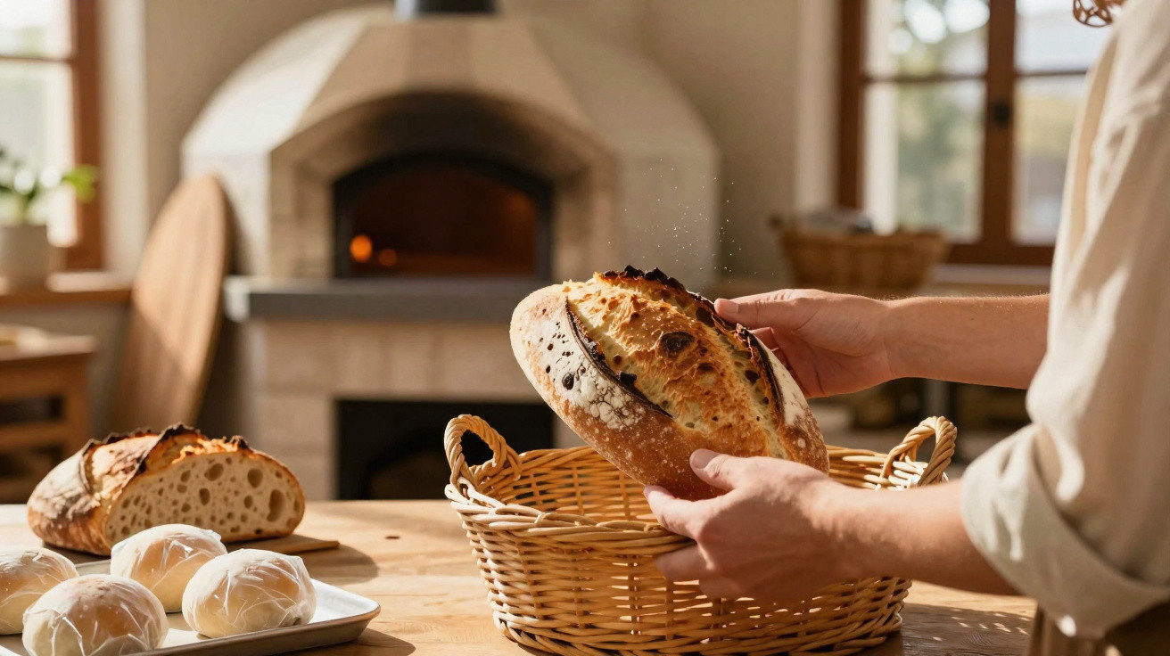 Bäcker legt frisches knuspriges Brot in ein Weidenkorb vor traditionellem Holzofen in ländlicher Bäckerei.