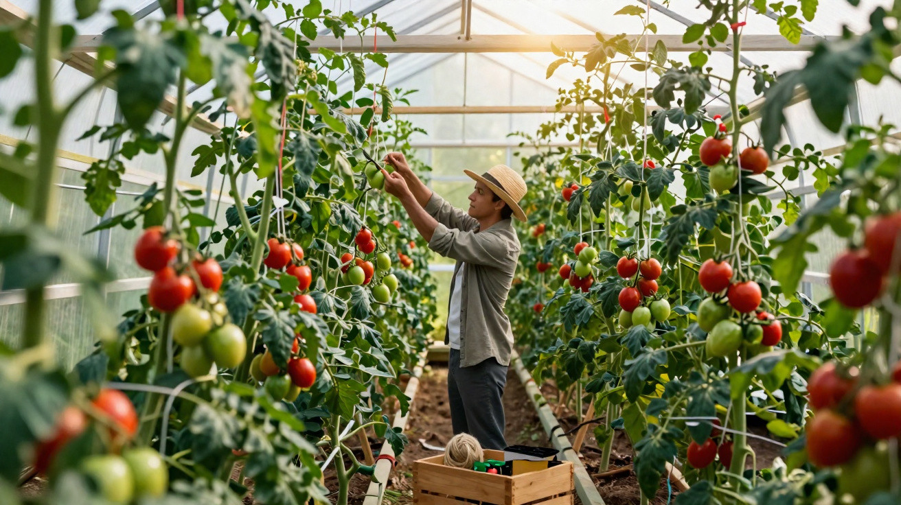 Mann erntet reife Tomaten in einem Gewächshaus mit zahlreichen Pflanzen und Sonnenlicht.