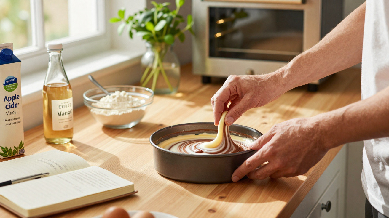Person verziert Marmorkuchen mit Teigspirale auf Holztisch in heller Küche mit Zutaten und Kochbuch.