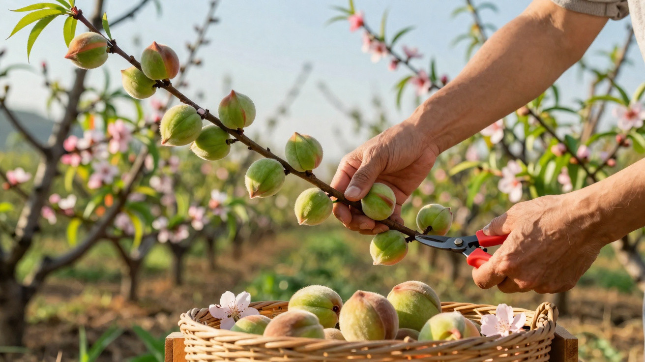 Hände schneiden reife Pfirsiche von einem Ast in einem blühenden Obstgarten, Korb mit Früchten darunter.