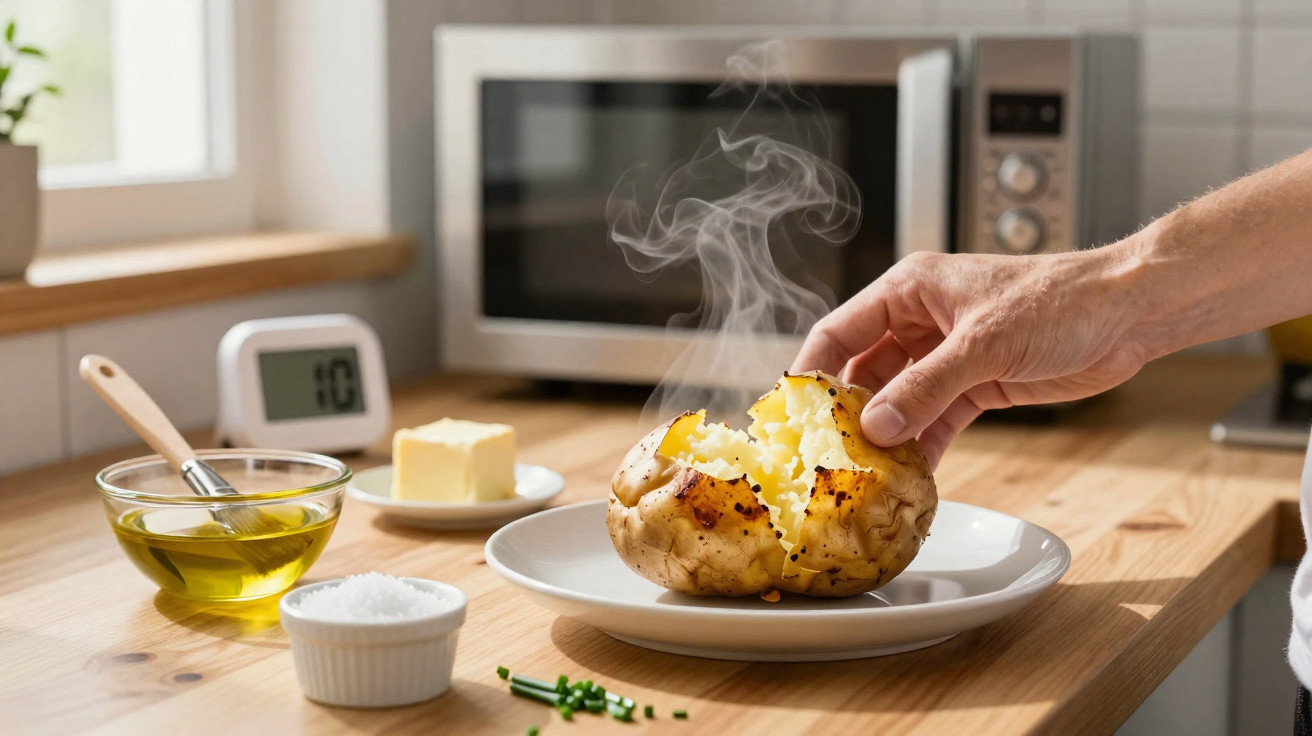 Dampfende, aufgeschnittene Ofenkartoffel auf Teller, Hand zerreißt sie, Butter, Öl und Salz im Hintergrund.