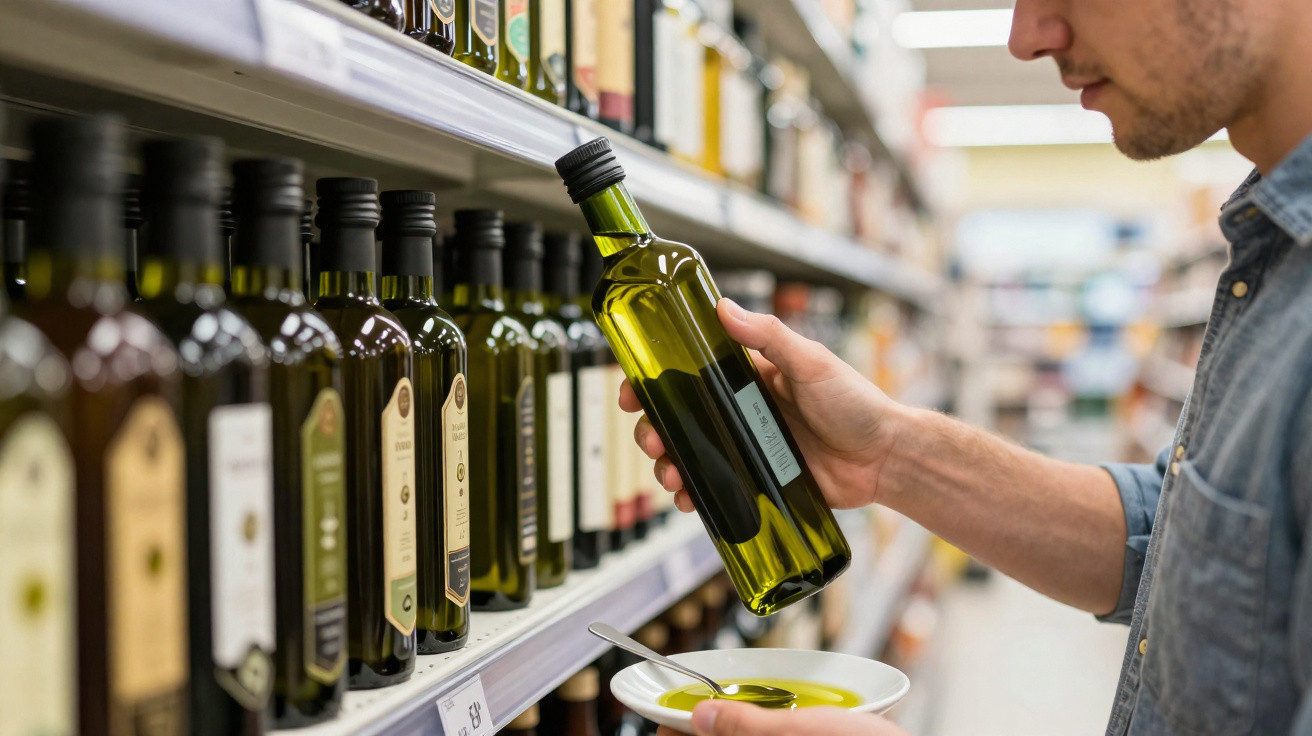 Mann hält eine Flasche Olivenöl in der Hand, daneben Teller mit Olivenöl zum Probieren im Supermarkt.