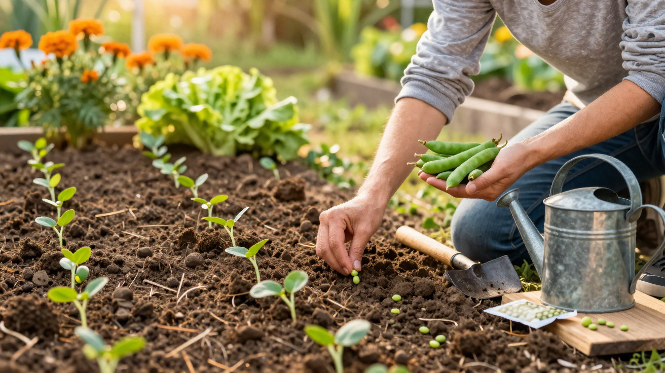 Person setzt grüne Erbsensamen in frisch vorbereitete Gartenbeete, umgeben von Blumen und Gemüse.
