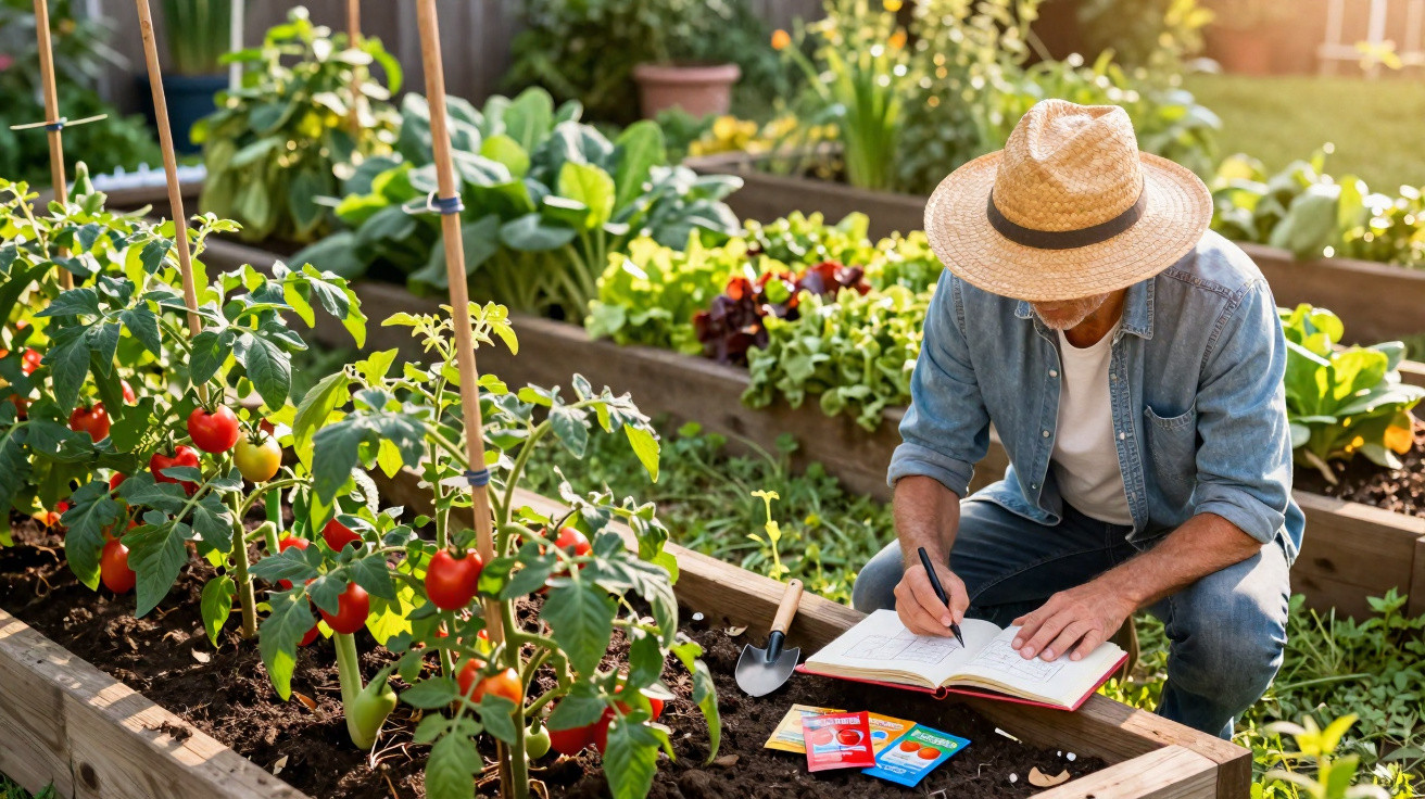 Mann mit Strohhut notiert im Hochbeet-Garten neben Tomatenpflanzen bei Sonnenschein Beobachtungen.