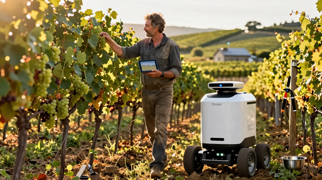 Mann kontrolliert Trauben im Weinberg mit digitalem Tablet neben autonomem landwirtschaftlichem Roboter.