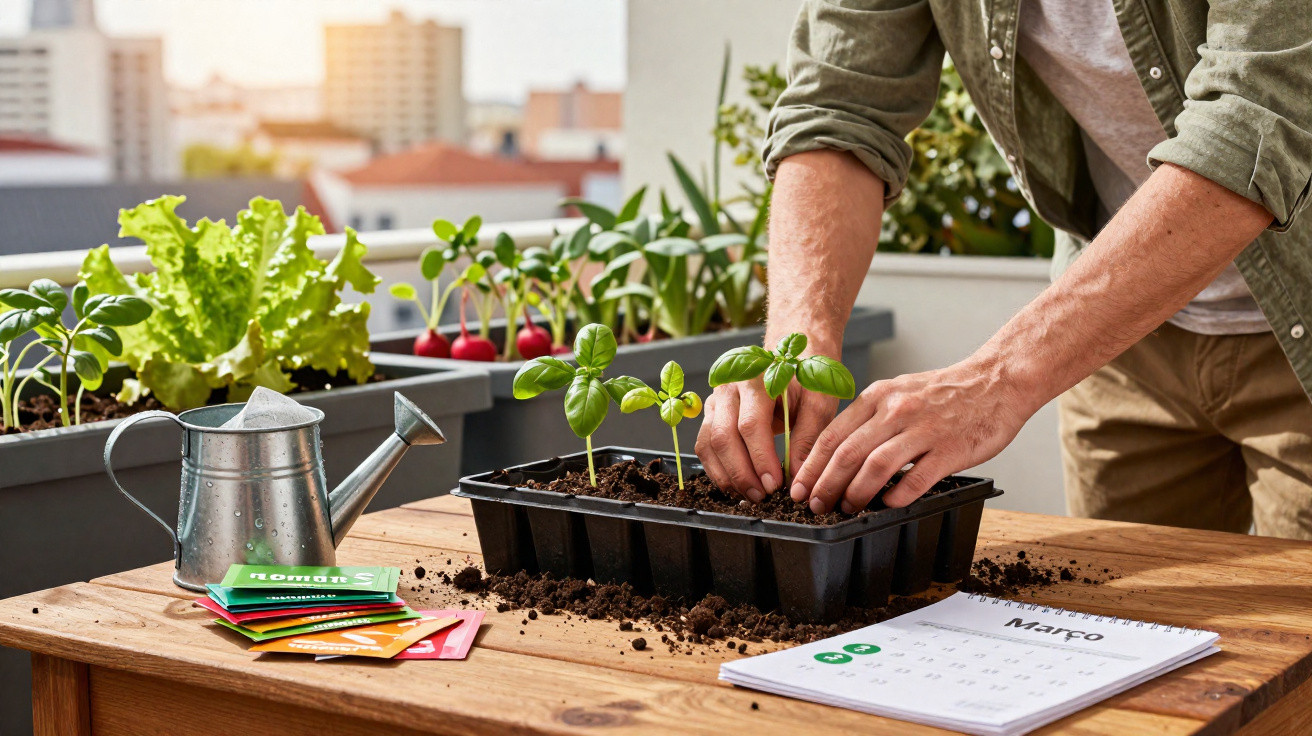 Person pflanzt Setzlinge in einem Behälter auf einem Balkon mit Gartenutensilien und Kalender März.