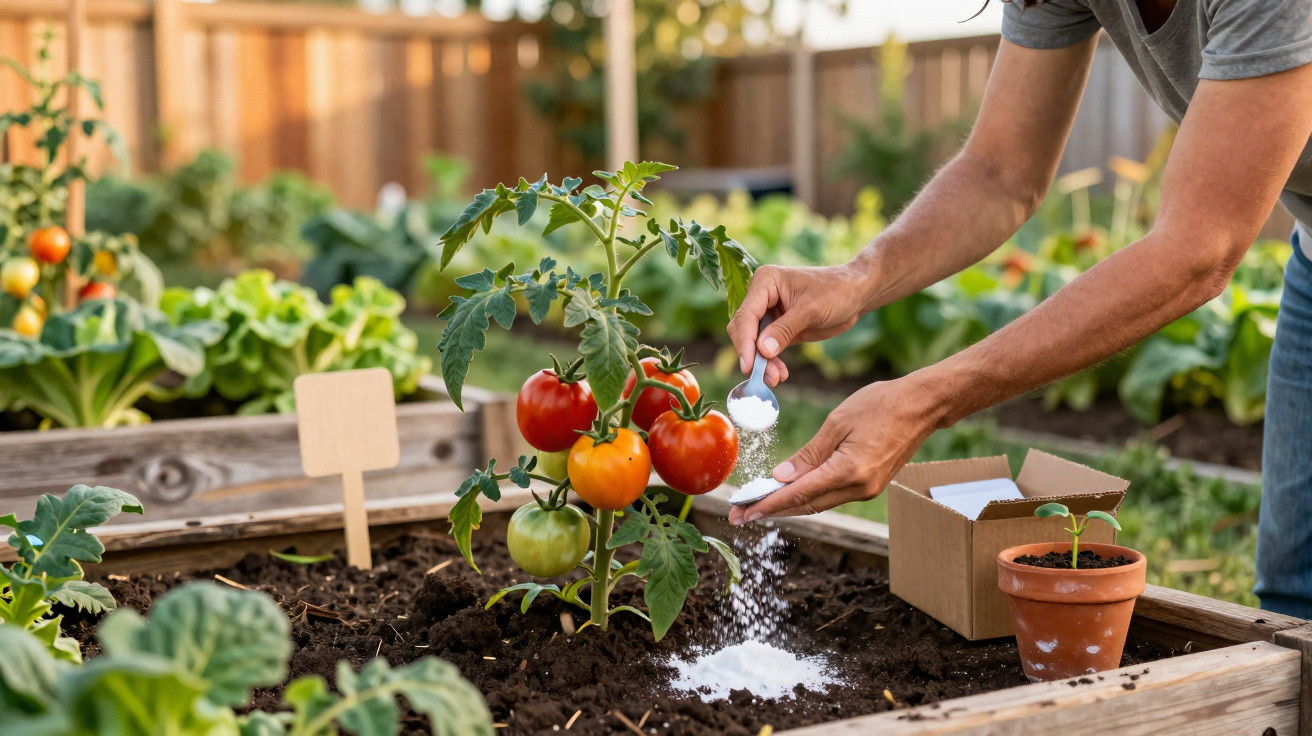 Person gibt mit Löffel weißen Dünger auf Erde rund um Tomatenpflanze im Hochbeet im Garten.