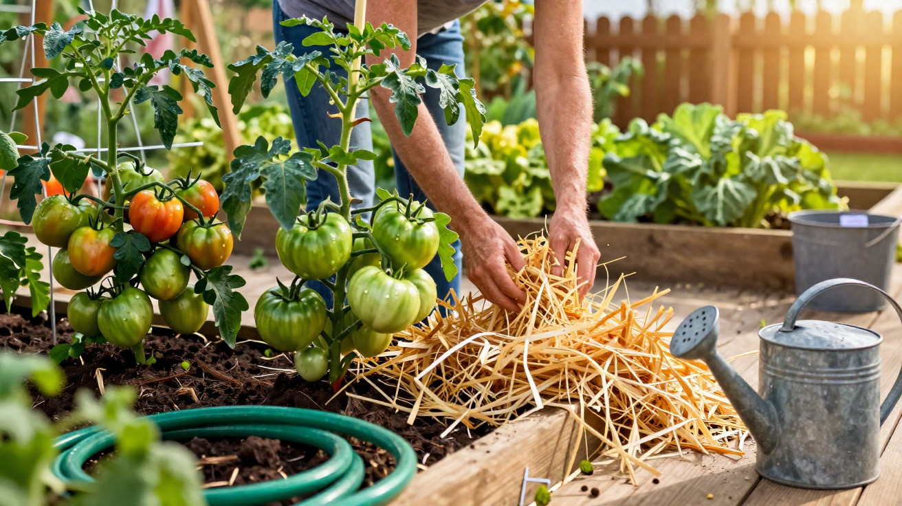 Person bedeckt Tomatenpflanzen mit Stroh in einem Garten mit Giesskanne und Gartenschlauch.