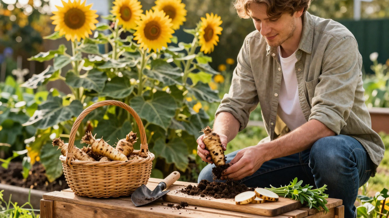 Mann erntet Topinambur im Garten, Sonnenblumen im Hintergrund, Korb mit Knollen auf Holztisch.