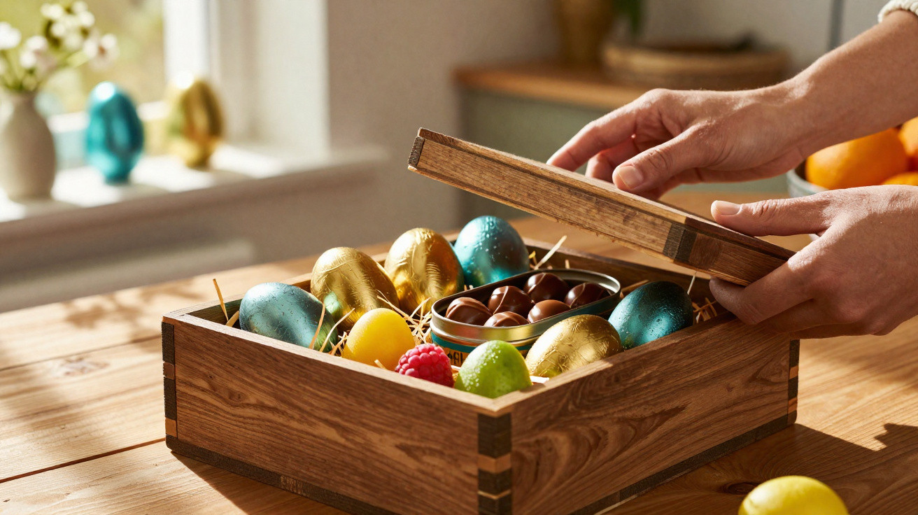 Holzkiste mit bunten Ostereiern und Schokoladen-Eiern auf Holztisch, Hände öffnen den Deckel.