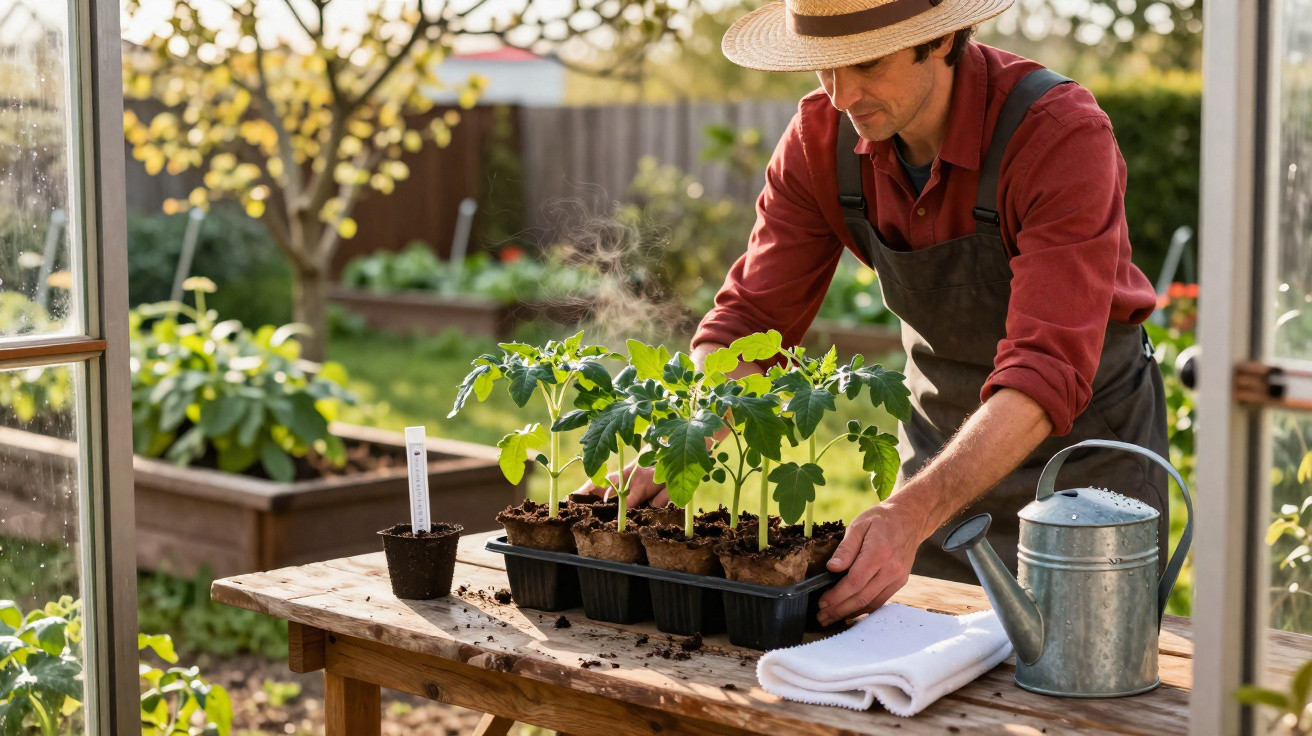 Mann mit Strohhut setzt junge Tomatenpflanzen in Anzuchtschale im Garten auf Holztisch.