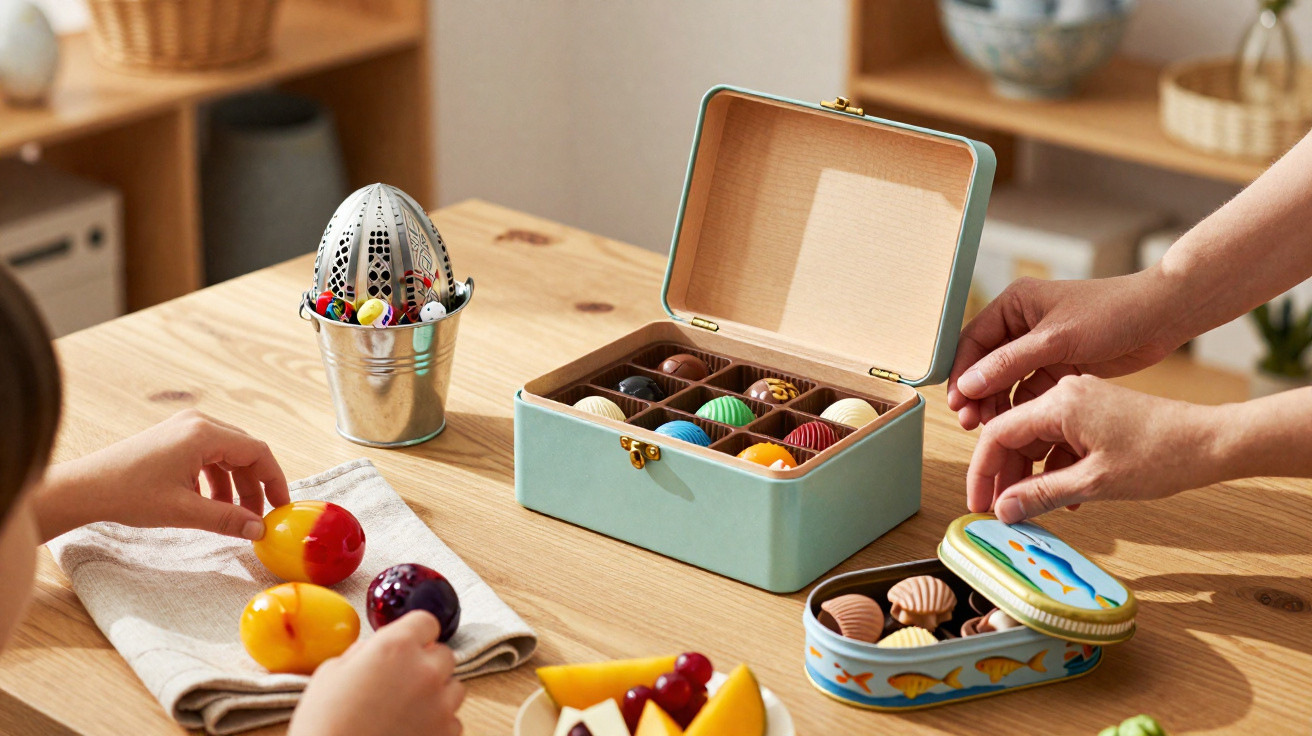 Kind spielt mit buntem Spielzeug, daneben Schachteln mit Pralinen auf einem Holztisch.