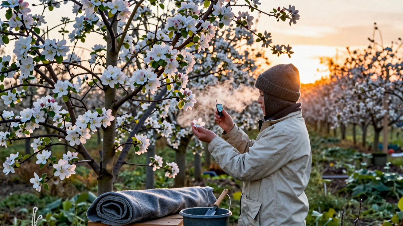 Person im Apfelgarten misst Lufttemperatur bei blühenden Bäumen im Sonnenuntergang, dampfend vor Kälte.