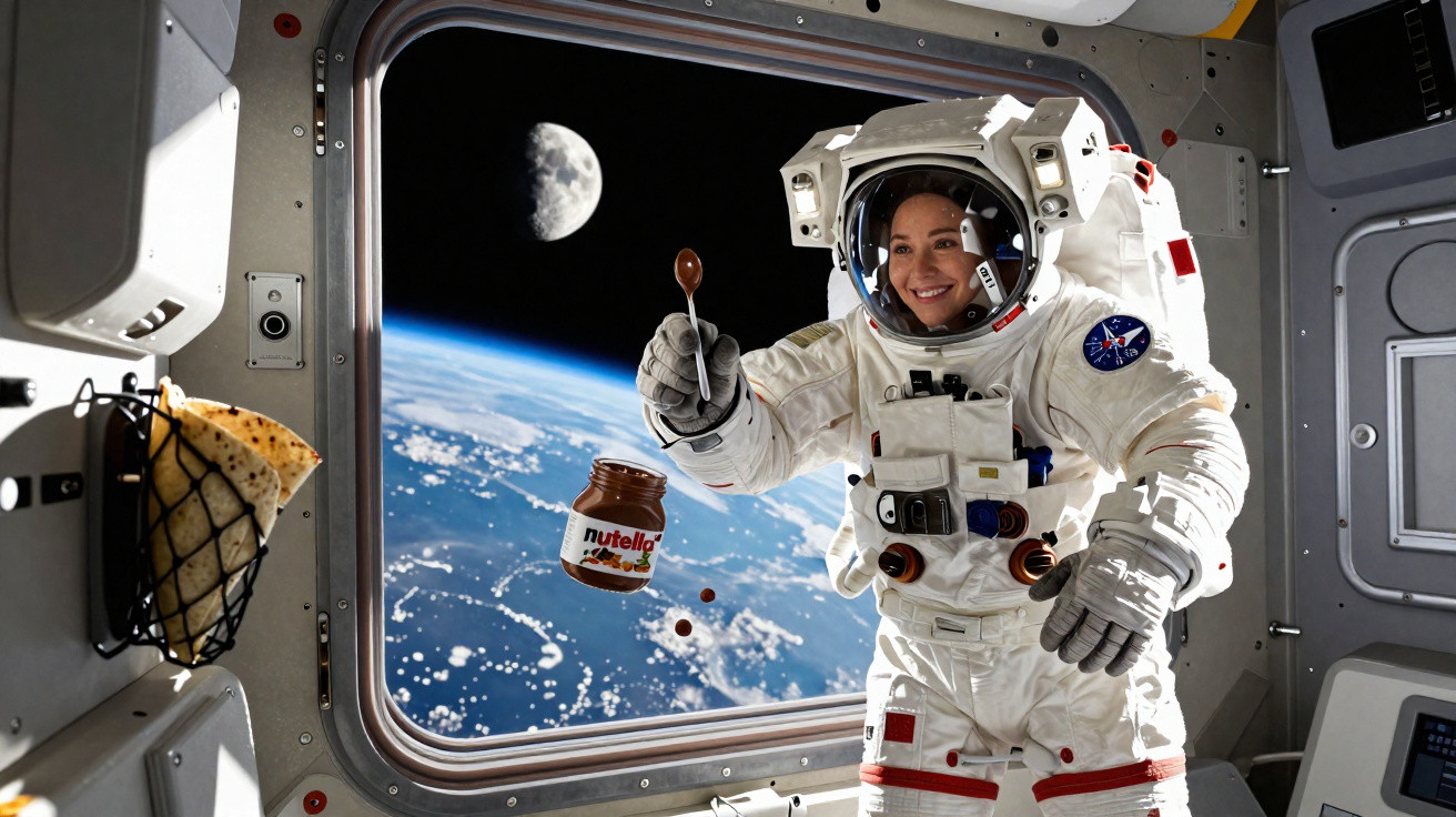 Astronautin mit Nutella und Löffel in Raumstation vor Erdkugel und Mond im Weltraum.