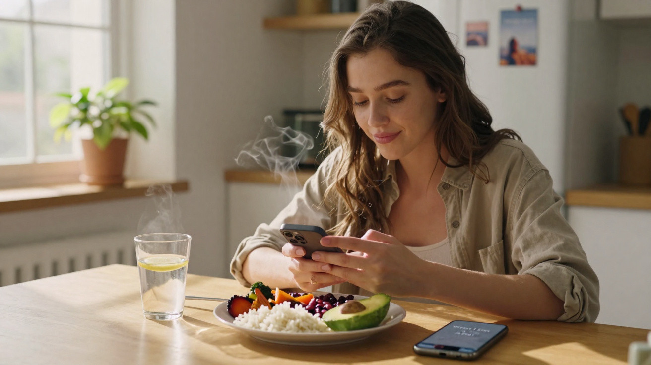 Frau sitzt am Küchentisch, isst gesundes Essen und schaut lächelnd auf ihr Smartphone.